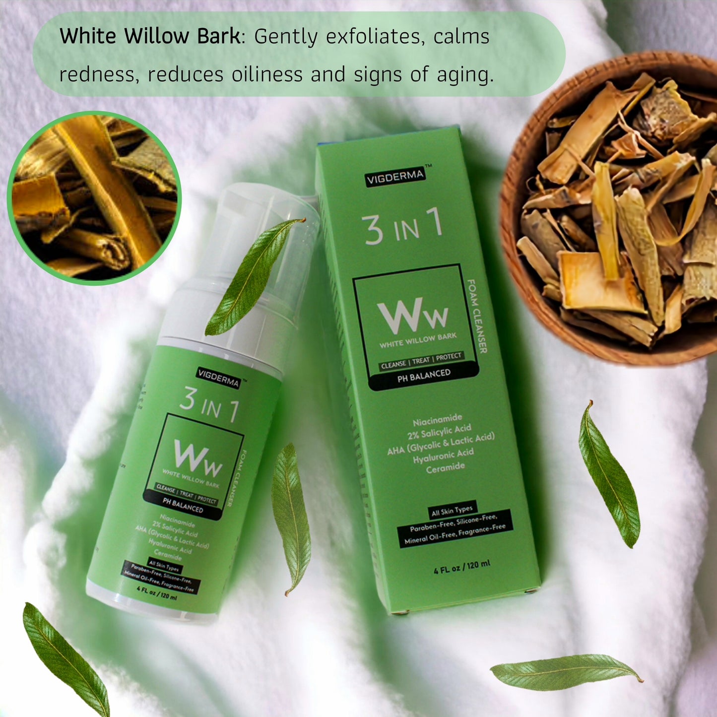 3 in 1 White Willow Bark pH 5.5 Foam Facial Cleanser